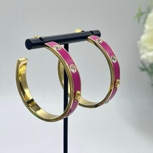 Kurt Geiger Signed Fuchsia Enamel Eagle & Crystal Hoop Post Earrings